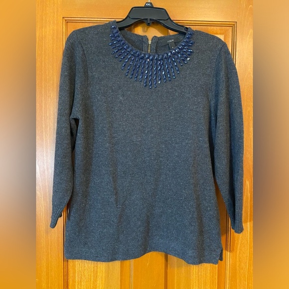 J. Crew Jeweled Beaded Gray Wool Blend Sweater Zipper 3/4 Sleeve Blue Medium - Picture 1 of 8